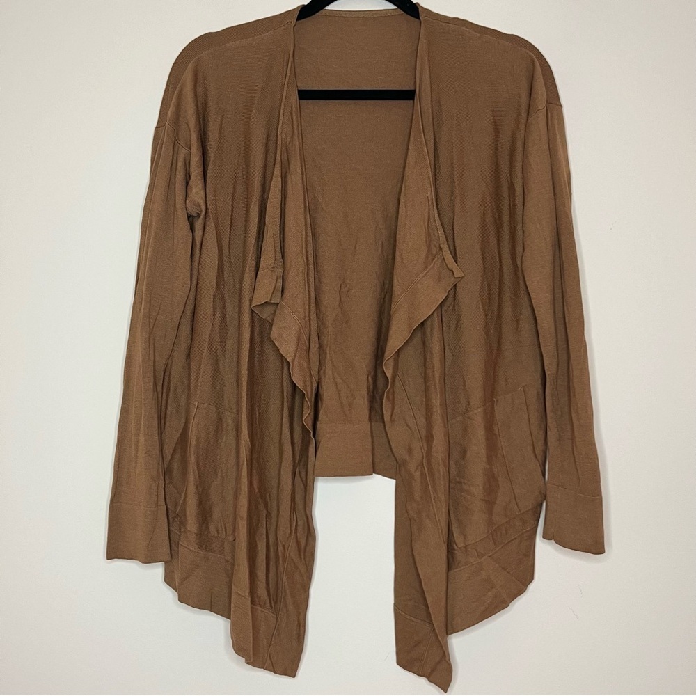 ANN TAYLOR Silk Cotton Blend Knit Open Waterfall Front Fall Tan Cardigan Sweater